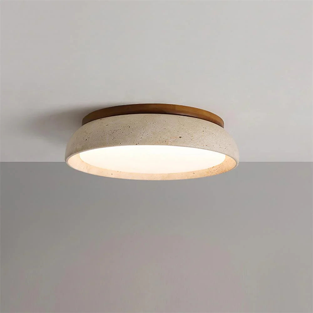 Skandinavische Deckenleuchte Travertin mit Holzakzent — Moderne runde Aufbauleuchte Naturstein und Acryl Einbau LED Beleuchtung Warmweiß 3000K Schlafzimmer Flur Eingang Wohnzimmer — Ø 30 cm × H 7 cm | Sansoti