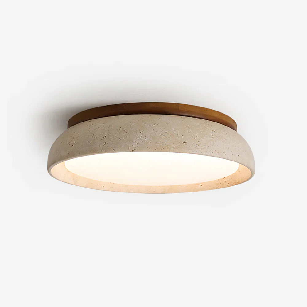 Skandinavische Deckenleuchte Travertin mit Holzakzent — Moderne runde Aufbauleuchte Naturstein und Acryl Einbau LED Beleuchtung Warmweiß 3000K Schlafzimmer Flur Eingang Wohnzimmer — Ø 30 cm × H 7 cm | Sansoti