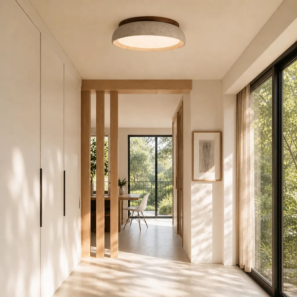 Skandinavische Deckenleuchte Travertin mit Holzakzent — Moderne runde Aufbauleuchte Naturstein und Acryl Einbau LED Beleuchtung Warmweiß 3000K Schlafzimmer Flur Eingang Wohnzimmer — Ø 30 cm × H 7 cm | Sansoti