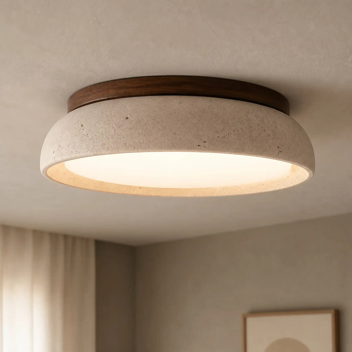 Skandinavische Deckenleuchte Travertin mit Holzakzent — Moderne runde Aufbauleuchte Naturstein und Acryl Einbau LED Beleuchtung Warmweiß 3000K Schlafzimmer Flur Eingang Wohnzimmer — Ø 30 cm × H 7 cm | Sansoti