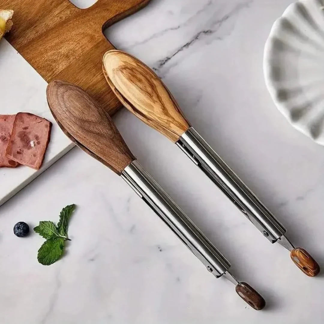 Küchenzangen-Set mit Holzgriff, Edelstahl-Servierzange, Grillwerkzeug, Grillzubehör, Küchenhelfer | Sansoti