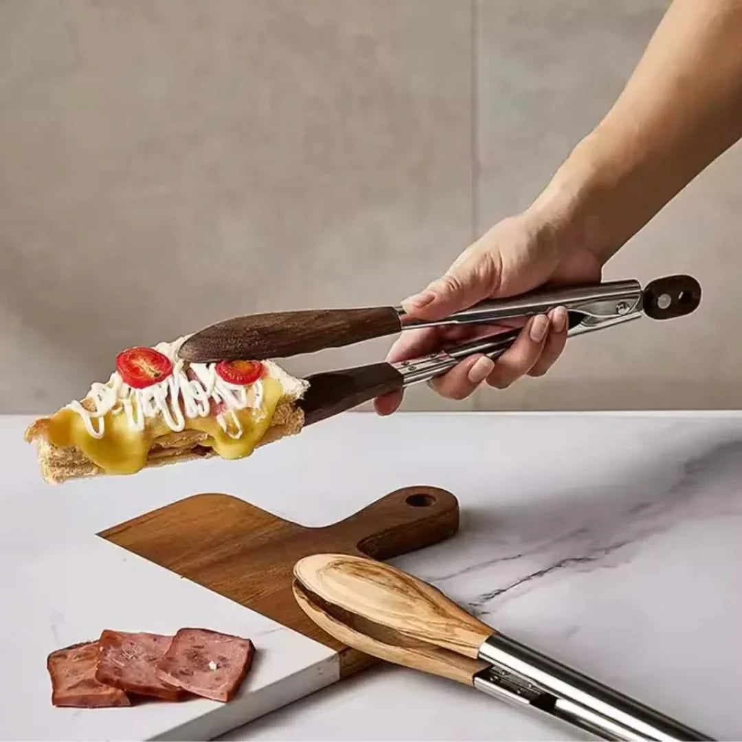 Küchenzangen-Set mit Holzgriff, Edelstahl-Servierzange, Grillwerkzeug, Grillzubehör, Küchenhelfer | Sansoti