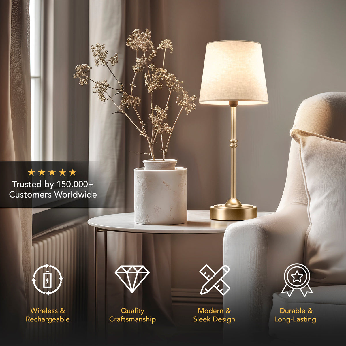 Table Lamp Rechargeable Wireless Gold White Shade 40cm USB-C Touch Dimmable Bedroom Living Room | Sansoti