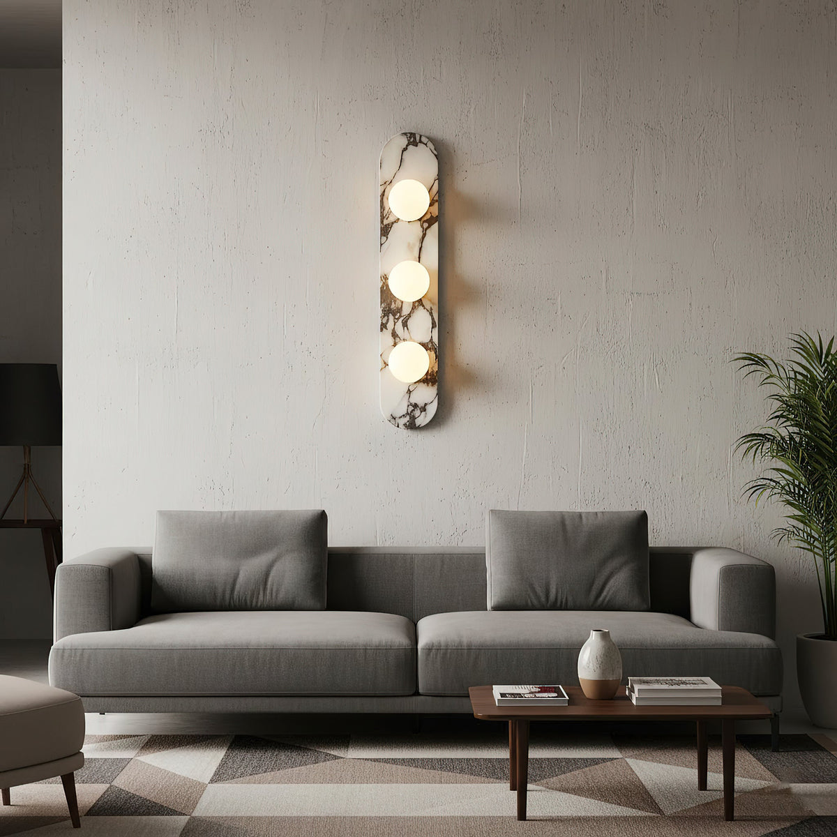 Design Wall Lamp of Bulgari Marble with Opal Glass Globe – Italian Mid-Century Wall Lighting for Living Room, Hall, and Bedroom | Sansoti