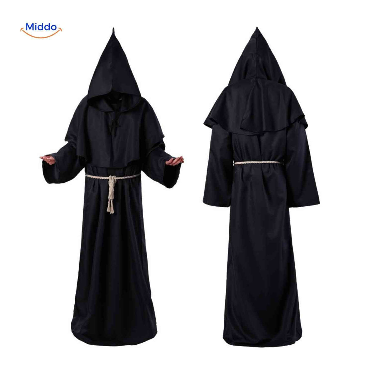 Monnik Kostuum met Capuchon Middeleeuws Gewaad Losvallend Katoenmix Polyester Spandex Touwriem Maat S tot XXL | Sansoti