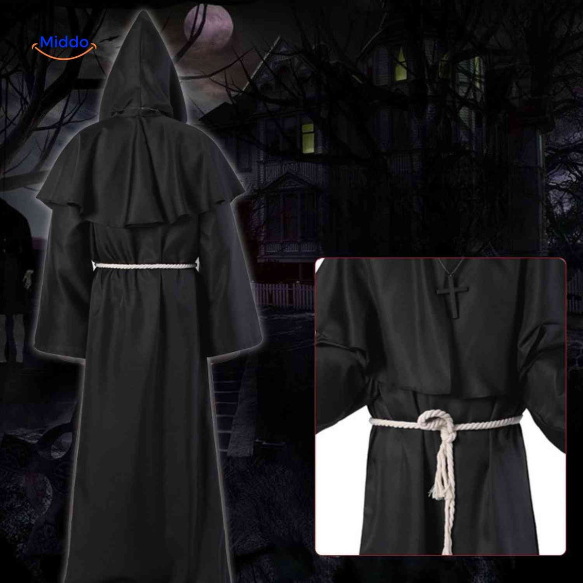 Monnik Kostuum met Capuchon Middeleeuws Gewaad Losvallend Katoenmix Polyester Spandex Touwriem Maat S tot XXL | Sansoti