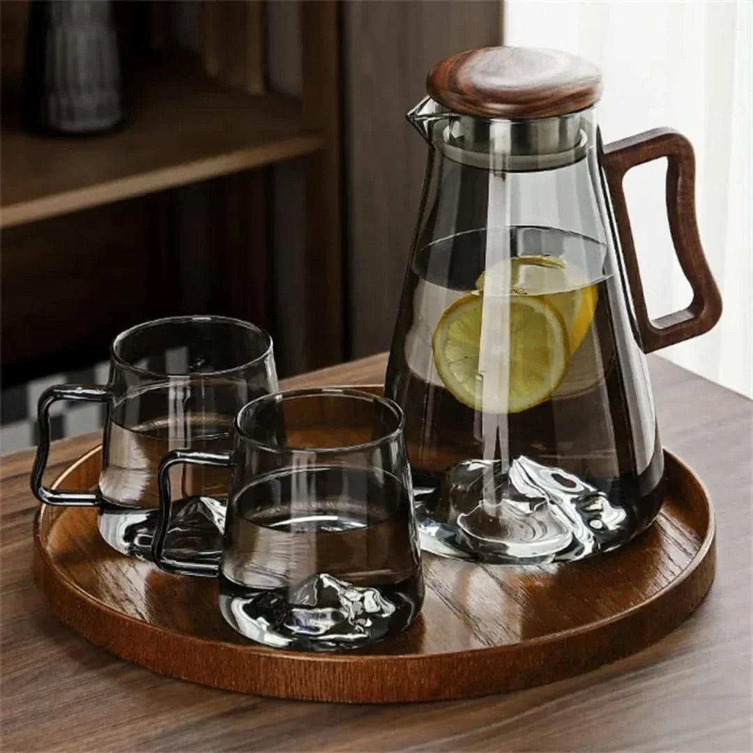 Glaskaraffe mit Holzgriff 2 l - Hitzebeständiges Borosilikatglas mit Filter - Transparante Karaffe | Sansoti
