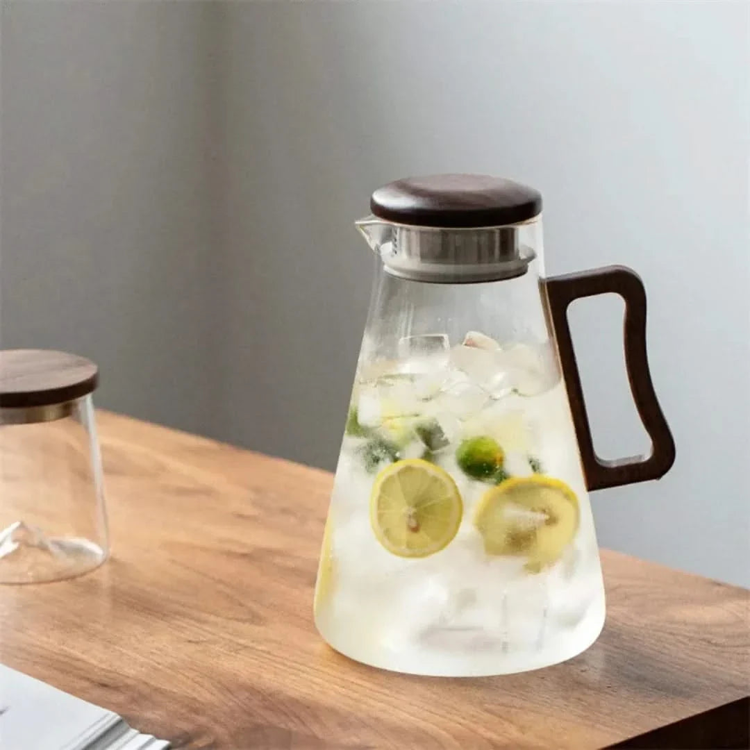 Glaskaraffe mit Holzgriff 2 l - Hitzebeständiges Borosilikatglas mit Filter - Transparante Karaffe | Sansoti