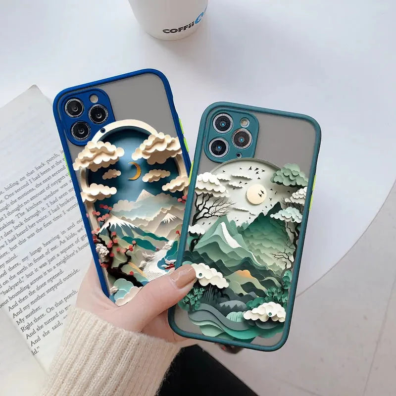 iPhone-Hülle mit Berglandschaft aus Silikon und Kontrasttasten, Schutzhülle für iPhone 11 12 13 14 15 16 17 Pro Max | Sansoti