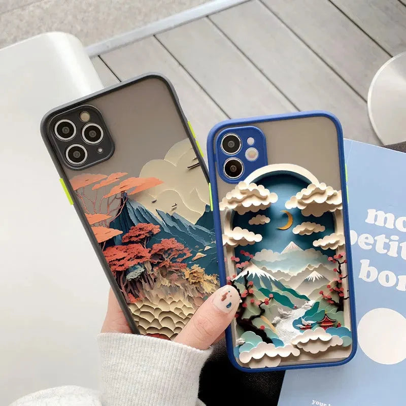 iPhone-Hülle mit Berglandschaft aus Silikon und Kontrasttasten, Schutzhülle für iPhone 11 12 13 14 15 16 17 Pro Max | Sansoti
