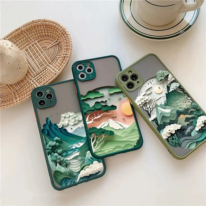 iPhone-Hülle mit Berglandschaft aus Silikon und Kontrasttasten, Schutzhülle für iPhone 11 12 13 14 15 16 17 Pro Max | Sansoti