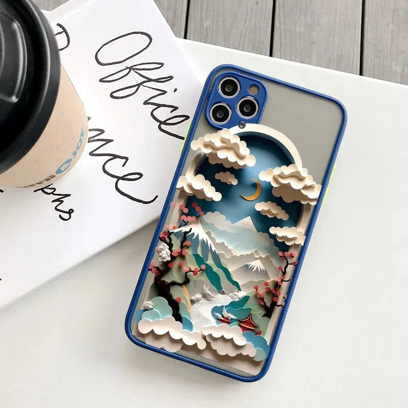iPhone-Hülle mit Berglandschaft aus Silikon und Kontrasttasten, Schutzhülle für iPhone 11 12 13 14 15 16 17 Pro Max | Sansoti