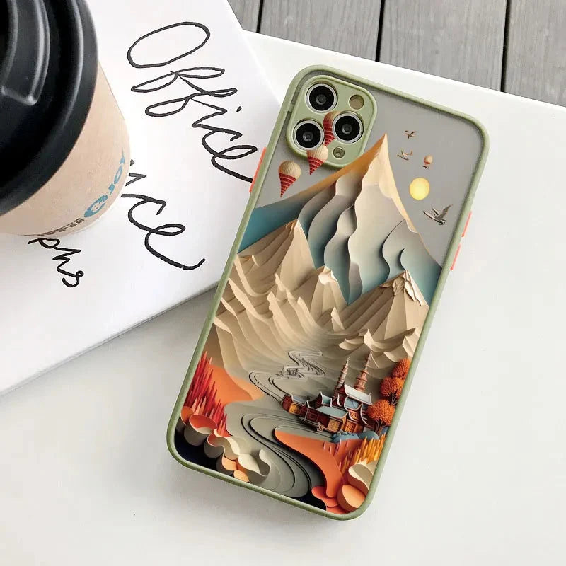 iPhone-Hülle mit Berglandschaft aus Silikon und Kontrasttasten, Schutzhülle für iPhone 11 12 13 14 15 16 17 Pro Max | Sansoti