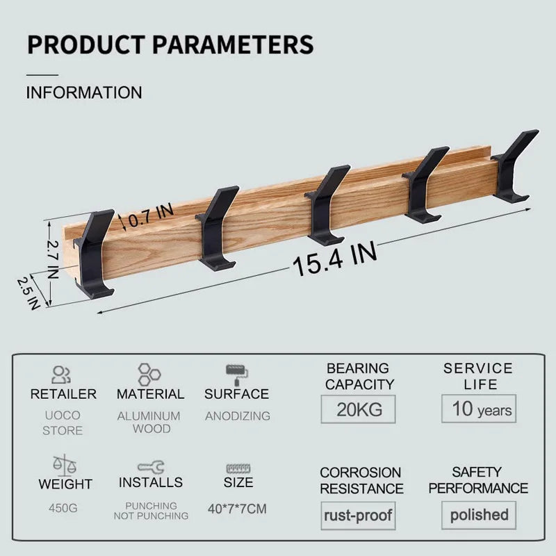 Wall Coat Rack with Adjustable Hooks – Natural Wood and Aluminum – 5 Rotating Hooks for Hall and Bedroom – Scandinavian Style | Sansoti