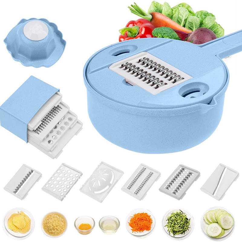 Multifunctionele Groentesnijder 12-in-1 met Opvangbak Rasp Groen Blauw Roze Keukenhulp Groentesnijer | Sansoti