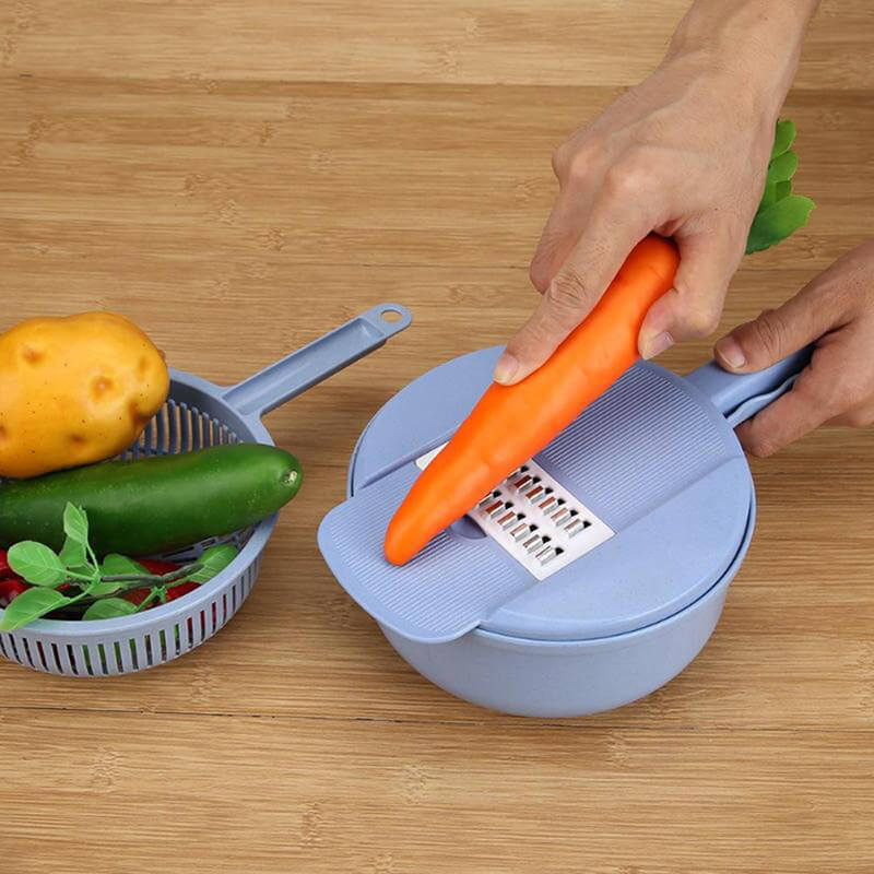 Multifunctionele Groentesnijder 12-in-1 met Opvangbak Rasp Groen Blauw Roze Keukenhulp Groentesnijer | Sansoti