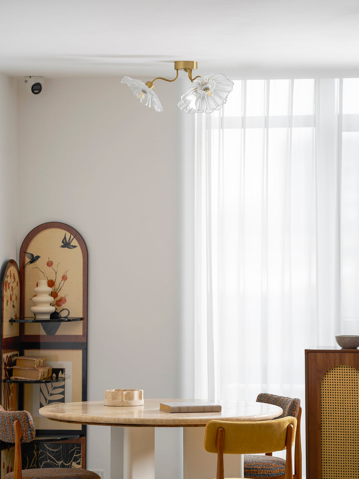 Glass Ceiling Lamp with Leaf Motif – 3, 5 or 6 Light Points – Golden Fixture with Clear or Pink Frosted Glass | Sansoti