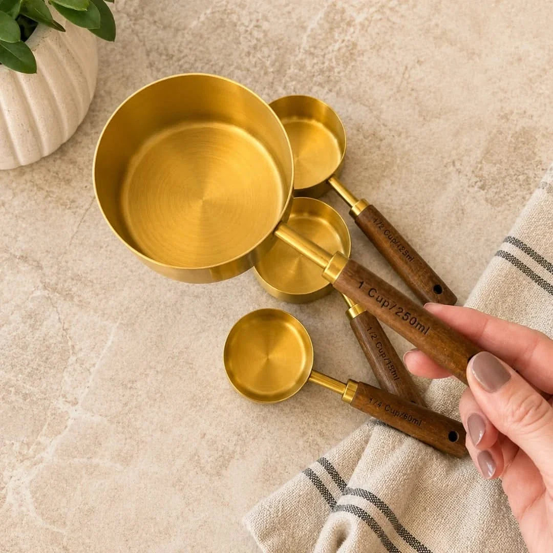 Maatbekers en Maatlepels Set Acaciahout Goudkleurig RVS voor Nauwkeurig Meten Keuken Bakken Koken Ingrediënten | Sansoti