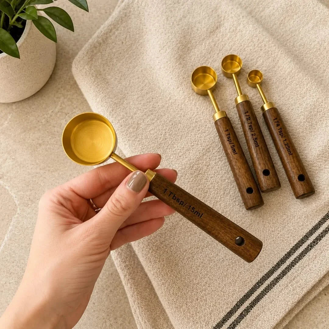 Maatbekers en Maatlepels Set Acaciahout Goudkleurig RVS voor Nauwkeurig Meten Keuken Bakken Koken Ingrediënten | Sansoti