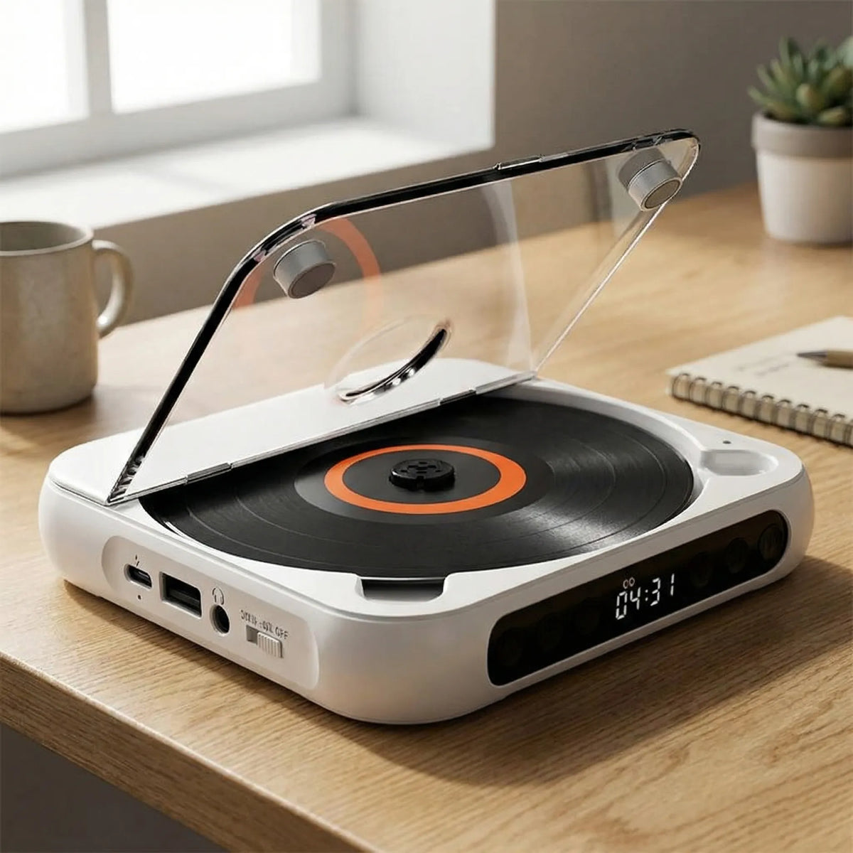 Portable Bluetooth CD Player – Compact & Rechargeable – Compatible with CD, CD-R, CD-RW & MP3 – Includes USB-C – Wireless & 3.5mm Audio | Sansoti