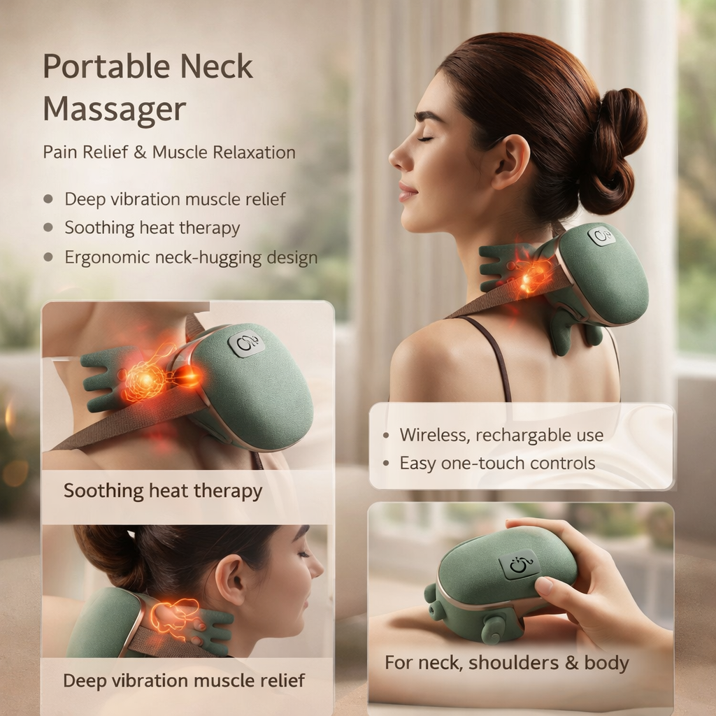 Masseur de cou avec fonction chauffante sans fil, vibrations thérapeutiques, soulagement des tensions musculaires, détente et bien-être | Sansoti