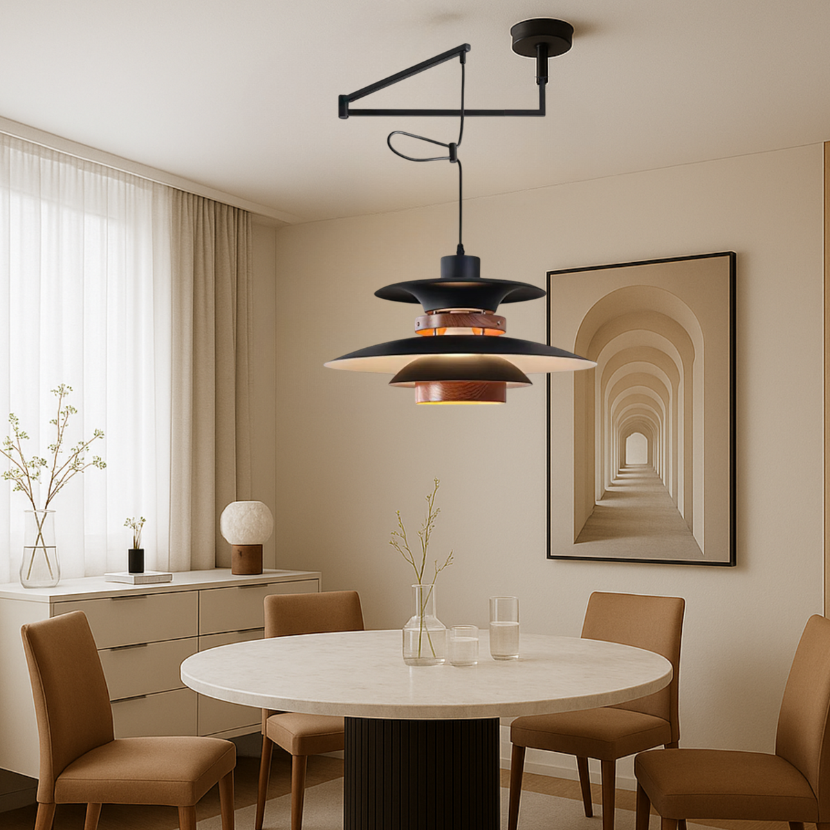 Suspension Merado bras pivotant métal bois noir éclairage salle à manger réglable design scandinave lampe suspendue moderne | Sansoti