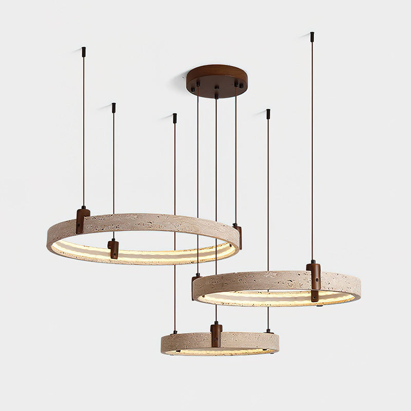 Travertin-Ring-Kronleuchter – Naturstein-Hängelampe mit Walnussholz und integrierter LED | Skandinavisches Design für Wohn- und Esszimmer | Sansoti