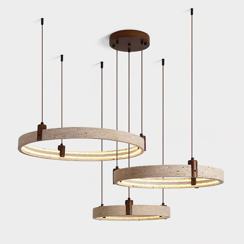 Travertin-Ring-Kronleuchter – Naturstein-Hängelampe mit Walnussholz und integrierter LED | Skandinavisches Design für Wohn- und Esszimmer | Sansoti