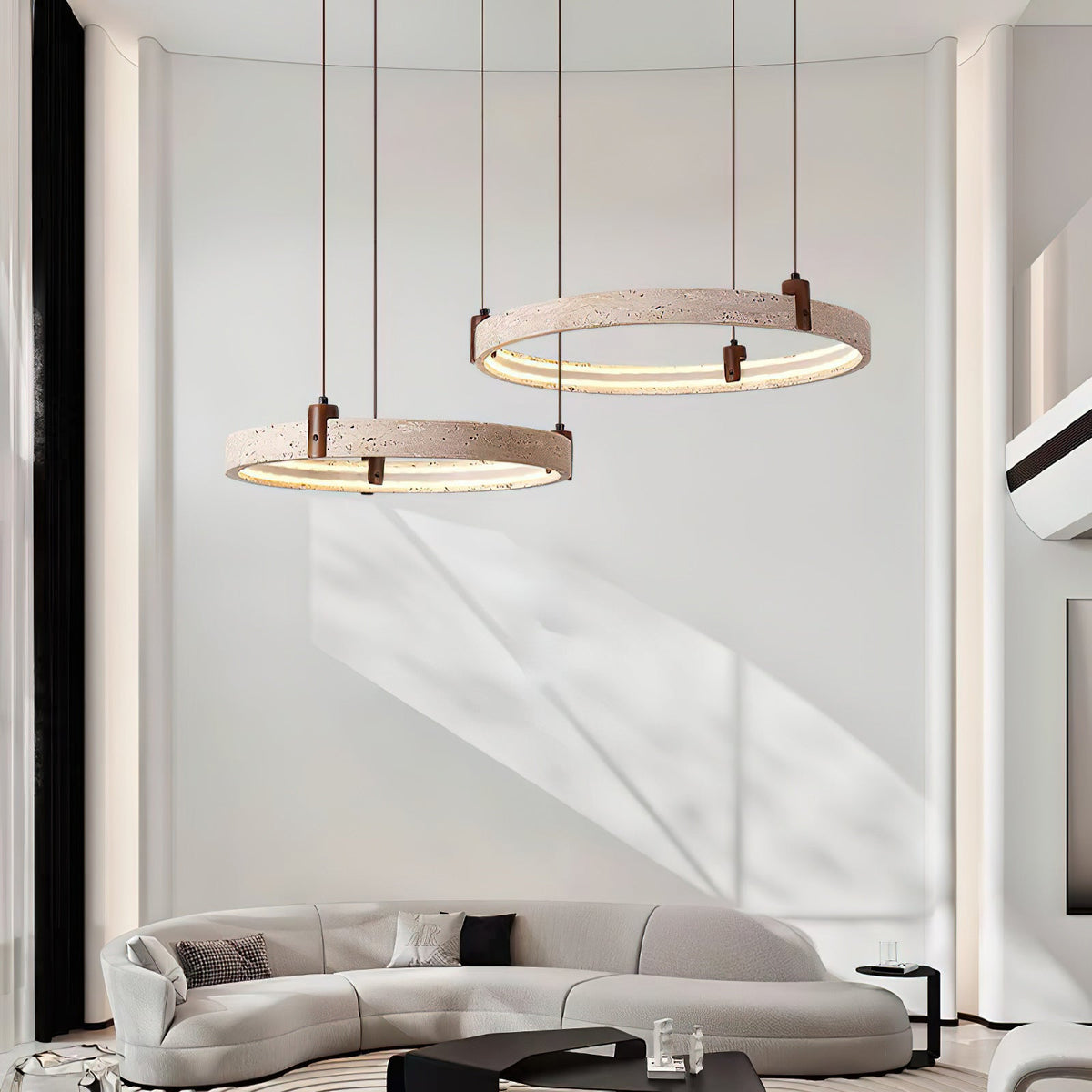 Travertin-Ring-Kronleuchter – Naturstein-Hängelampe mit Walnussholz und integrierter LED | Skandinavisches Design für Wohn- und Esszimmer | Sansoti