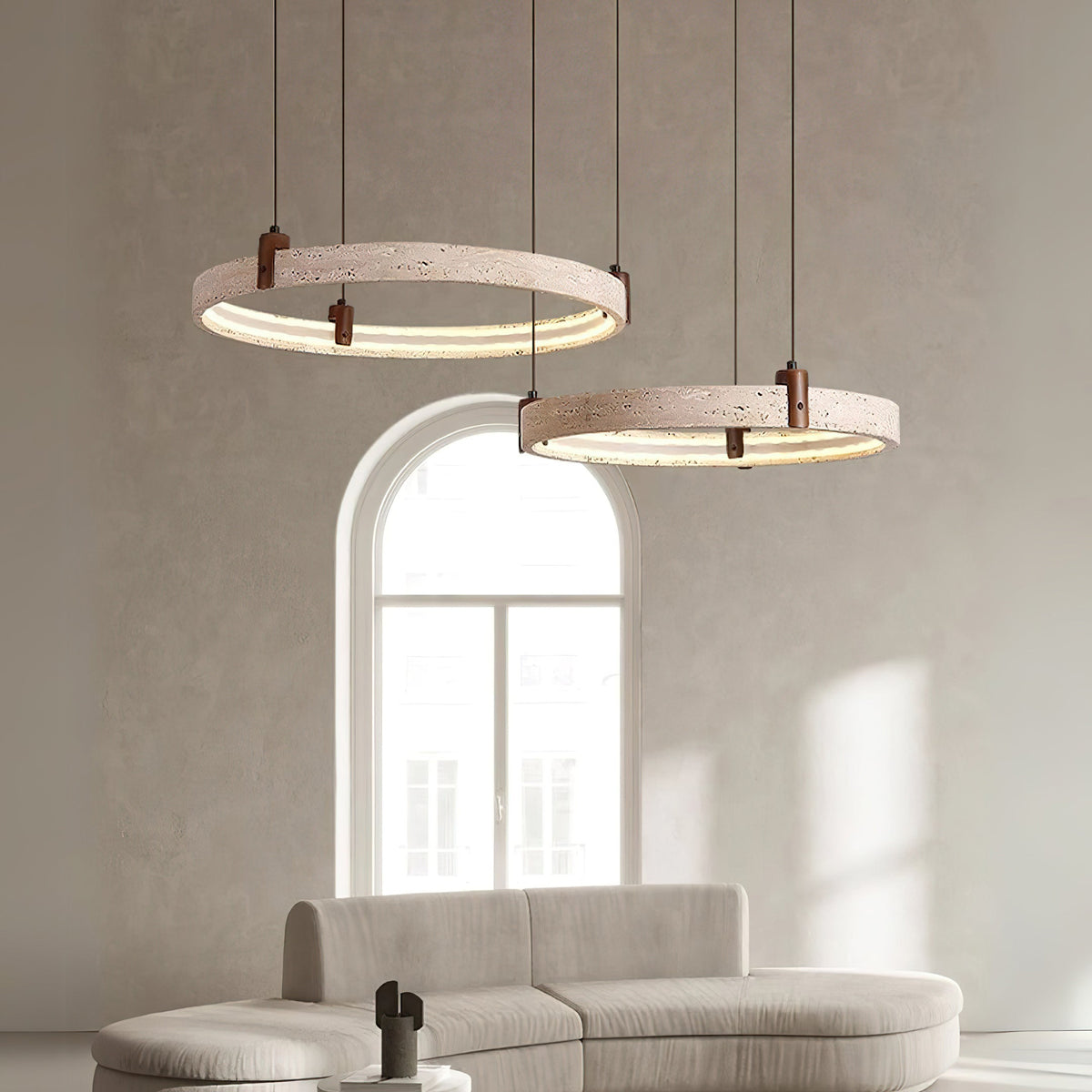Travertin-Ring-Kronleuchter – Naturstein-Hängelampe mit Walnussholz und integrierter LED | Skandinavisches Design für Wohn- und Esszimmer | Sansoti