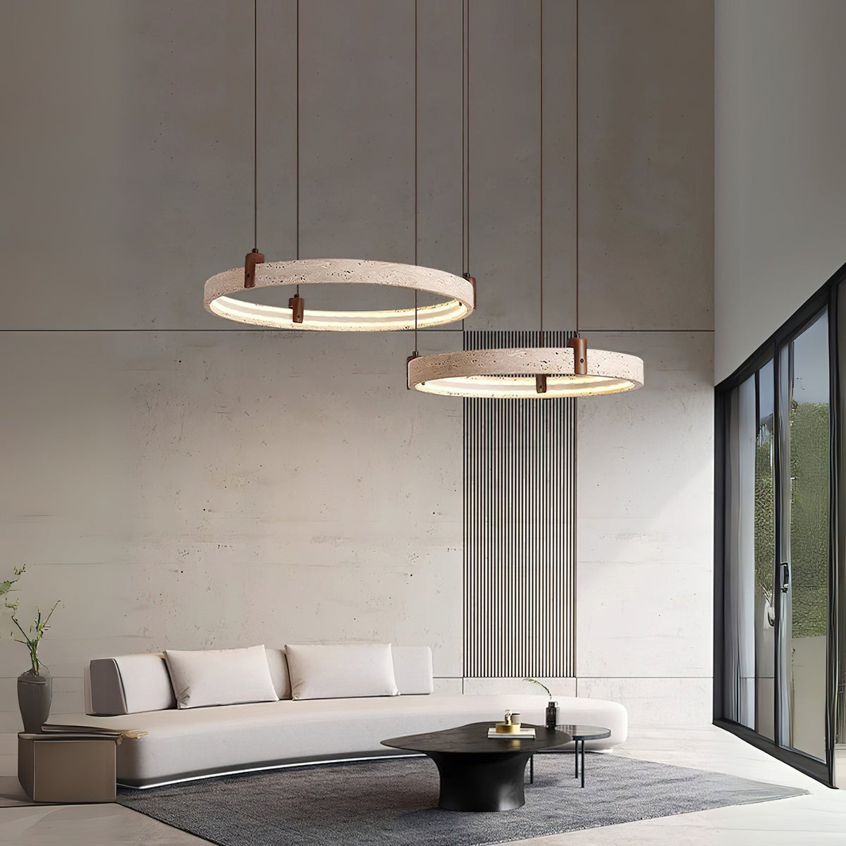 Travertin-Ring-Kronleuchter – Naturstein-Hängelampe mit Walnussholz und integrierter LED | Skandinavisches Design für Wohn- und Esszimmer | Sansoti
