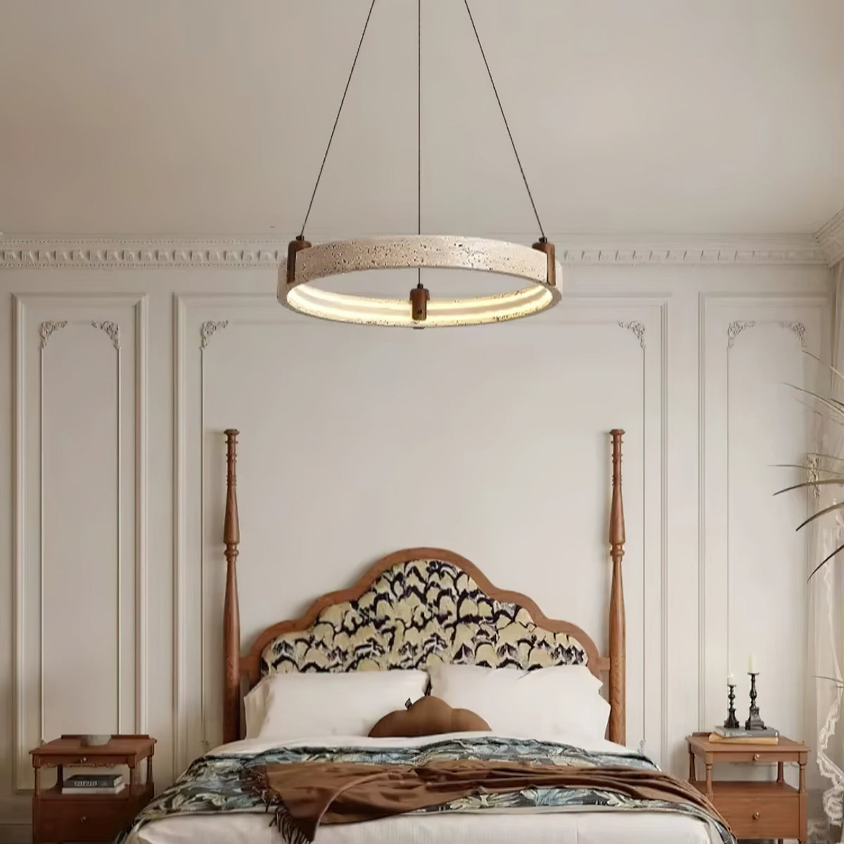 Travertin-Ring-Kronleuchter – Naturstein-Hängelampe mit Walnussholz und integrierter LED | Skandinavisches Design für Wohn- und Esszimmer | Sansoti