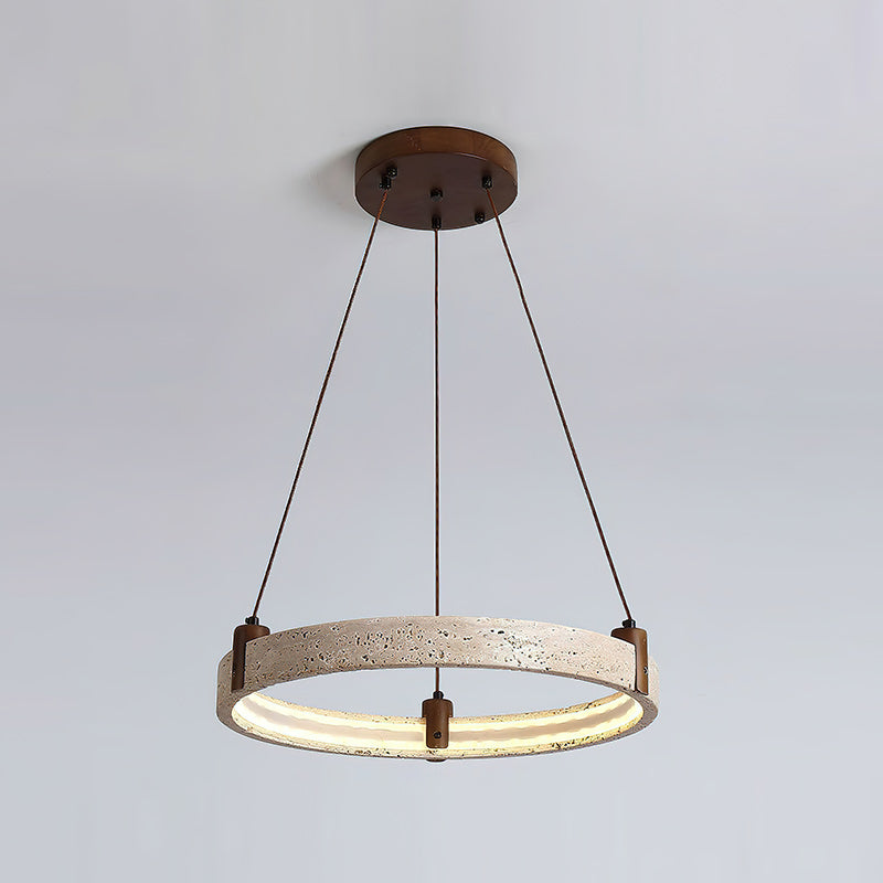 Travertin-Ring-Kronleuchter – Naturstein-Hängelampe mit Walnussholz und integrierter LED | Skandinavisches Design für Wohn- und Esszimmer | Sansoti