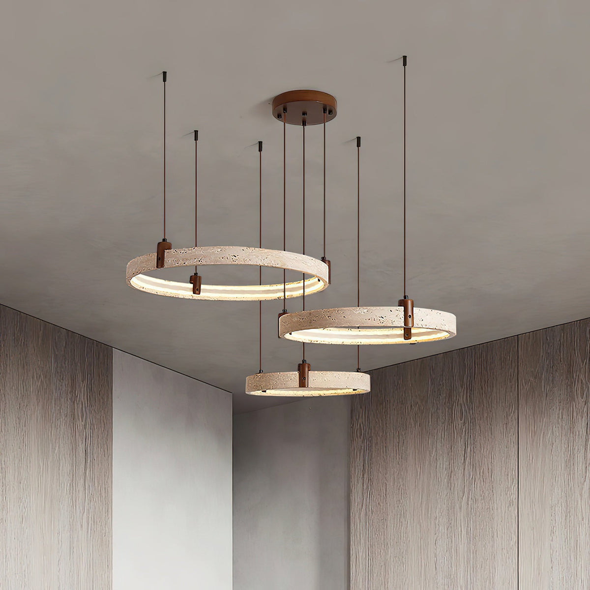 Travertin-Ring-Kronleuchter – Naturstein-Hängelampe mit Walnussholz und integrierter LED | Skandinavisches Design für Wohn- und Esszimmer | Sansoti