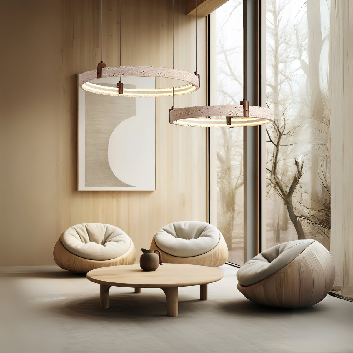 Travertin-Ring-Kronleuchter – Naturstein-Hängelampe mit Walnussholz und integrierter LED | Skandinavisches Design für Wohn- und Esszimmer | Sansoti