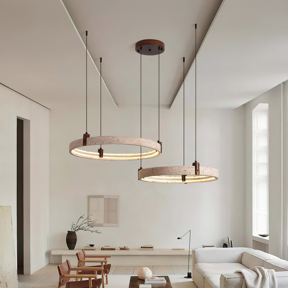 Travertin-Ring-Kronleuchter – Naturstein-Hängelampe mit Walnussholz und integrierter LED | Skandinavisches Design für Wohn- und Esszimmer | Sansoti