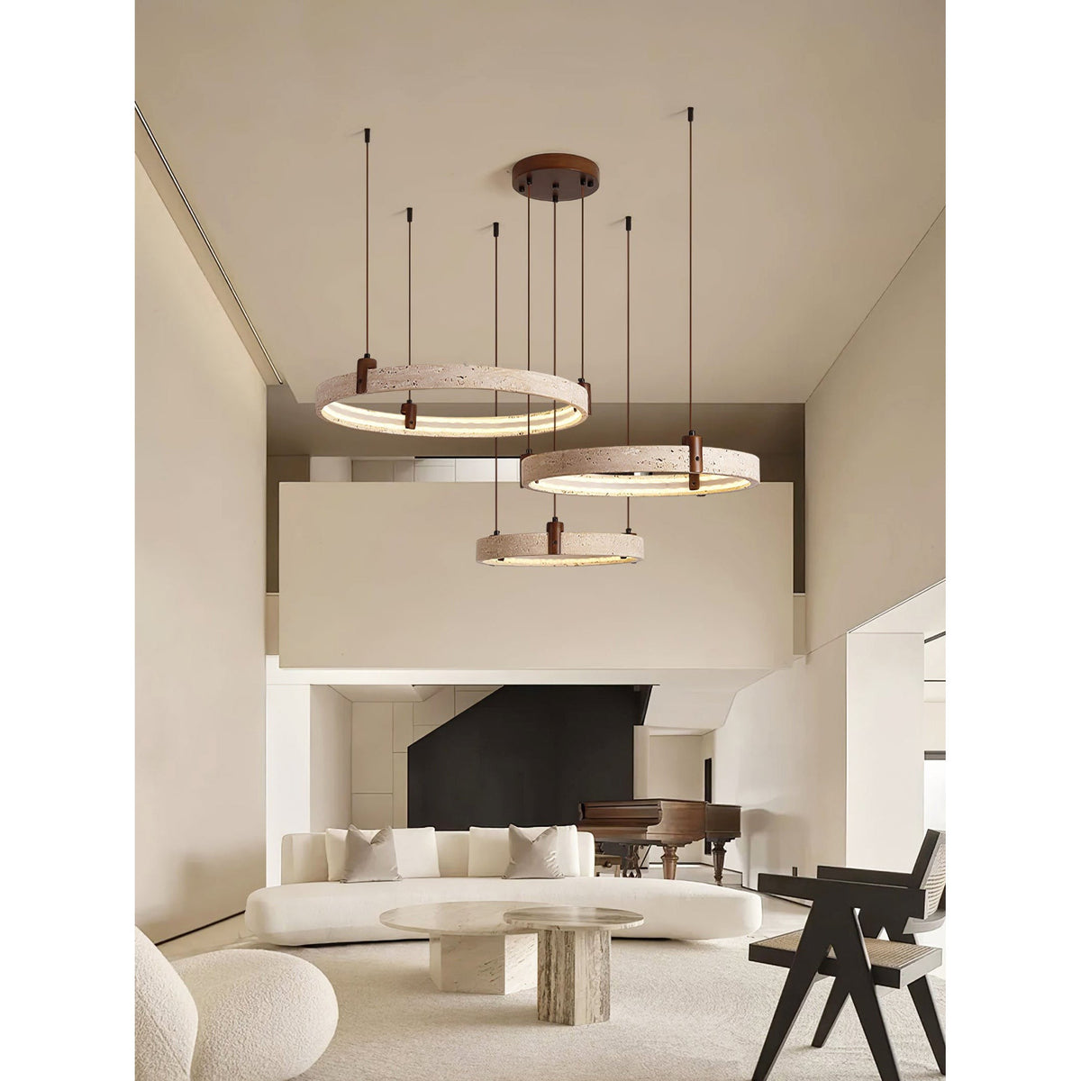 Travertin-Ring-Kronleuchter – Naturstein-Hängelampe mit Walnussholz und integrierter LED | Skandinavisches Design für Wohn- und Esszimmer | Sansoti