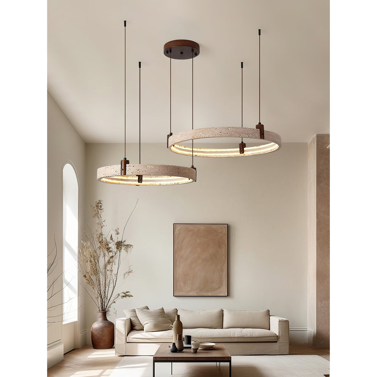 Travertin-Ring-Kronleuchter – Naturstein-Hängelampe mit Walnussholz und integrierter LED | Skandinavisches Design für Wohn- und Esszimmer | Sansoti