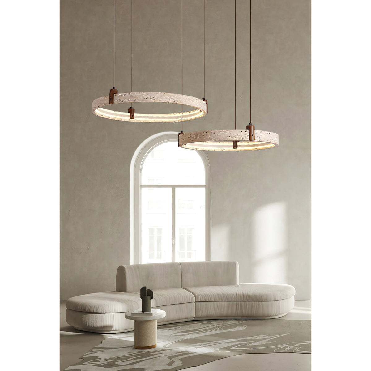 Travertin-Ring-Kronleuchter – Naturstein-Hängelampe mit Walnussholz und integrierter LED | Skandinavisches Design für Wohn- und Esszimmer | Sansoti