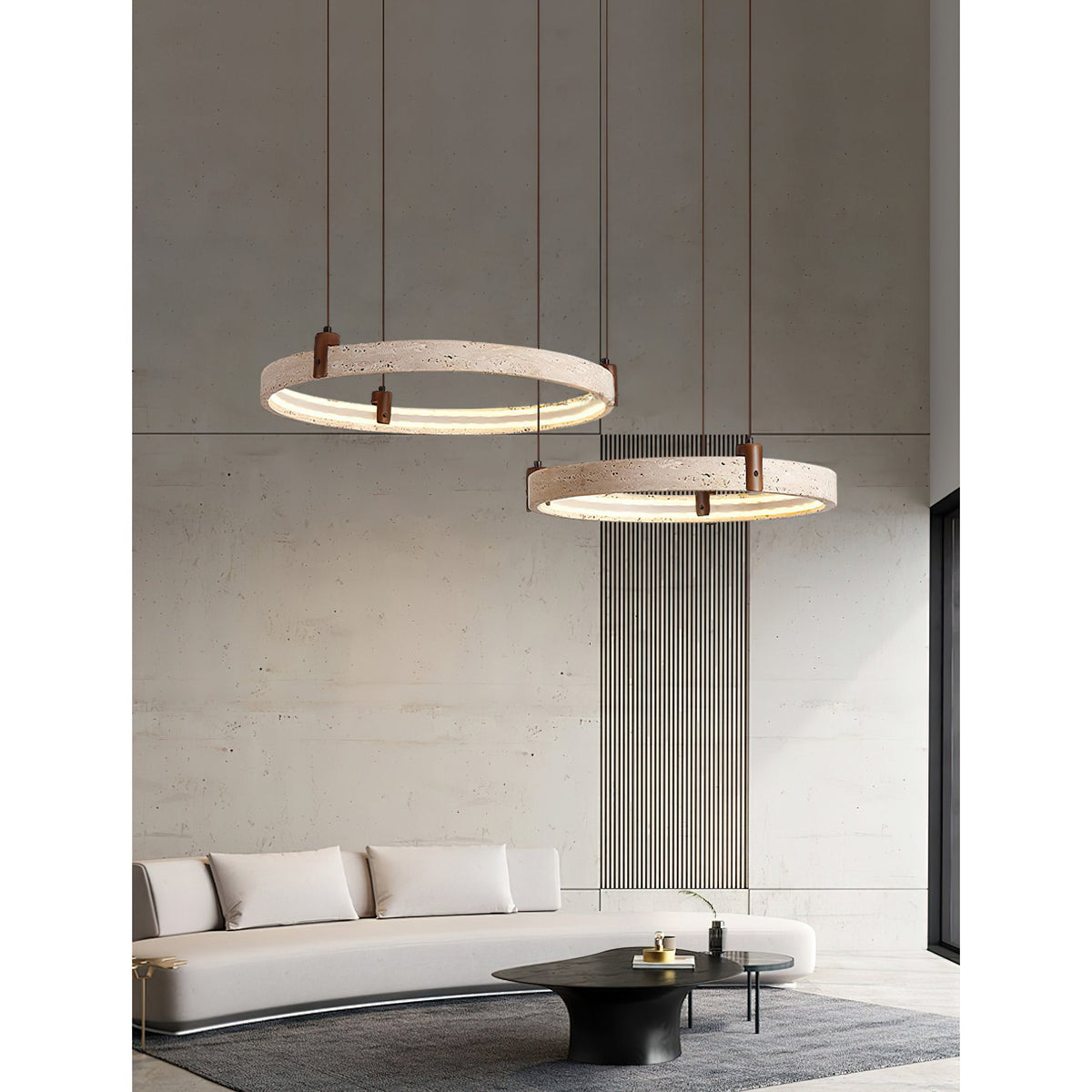 Travertin-Ring-Kronleuchter – Naturstein-Hängelampe mit Walnussholz und integrierter LED | Skandinavisches Design für Wohn- und Esszimmer | Sansoti