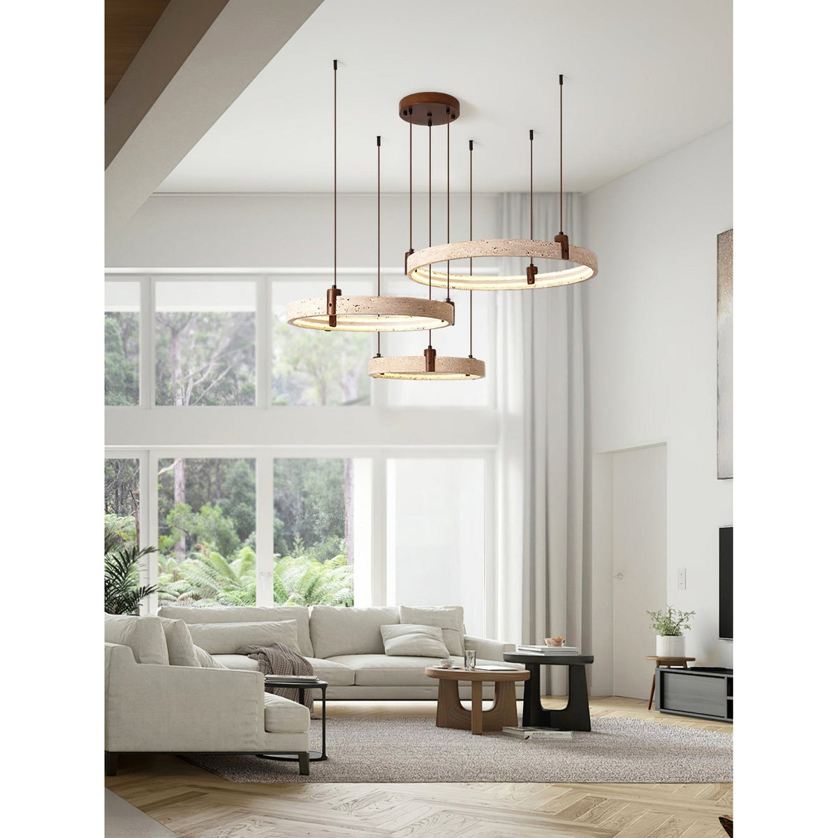 Travertin-Ring-Kronleuchter – Naturstein-Hängelampe mit Walnussholz und integrierter LED | Skandinavisches Design für Wohn- und Esszimmer | Sansoti