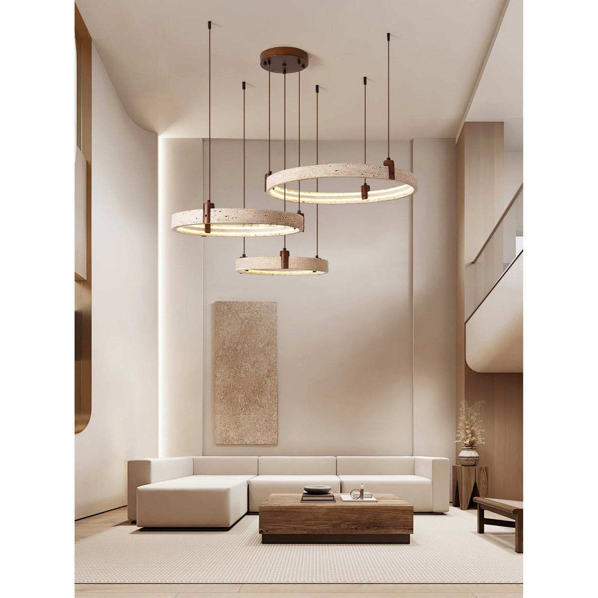 Travertin-Ring-Kronleuchter – Naturstein-Hängelampe mit Walnussholz und integrierter LED | Skandinavisches Design für Wohn- und Esszimmer | Sansoti