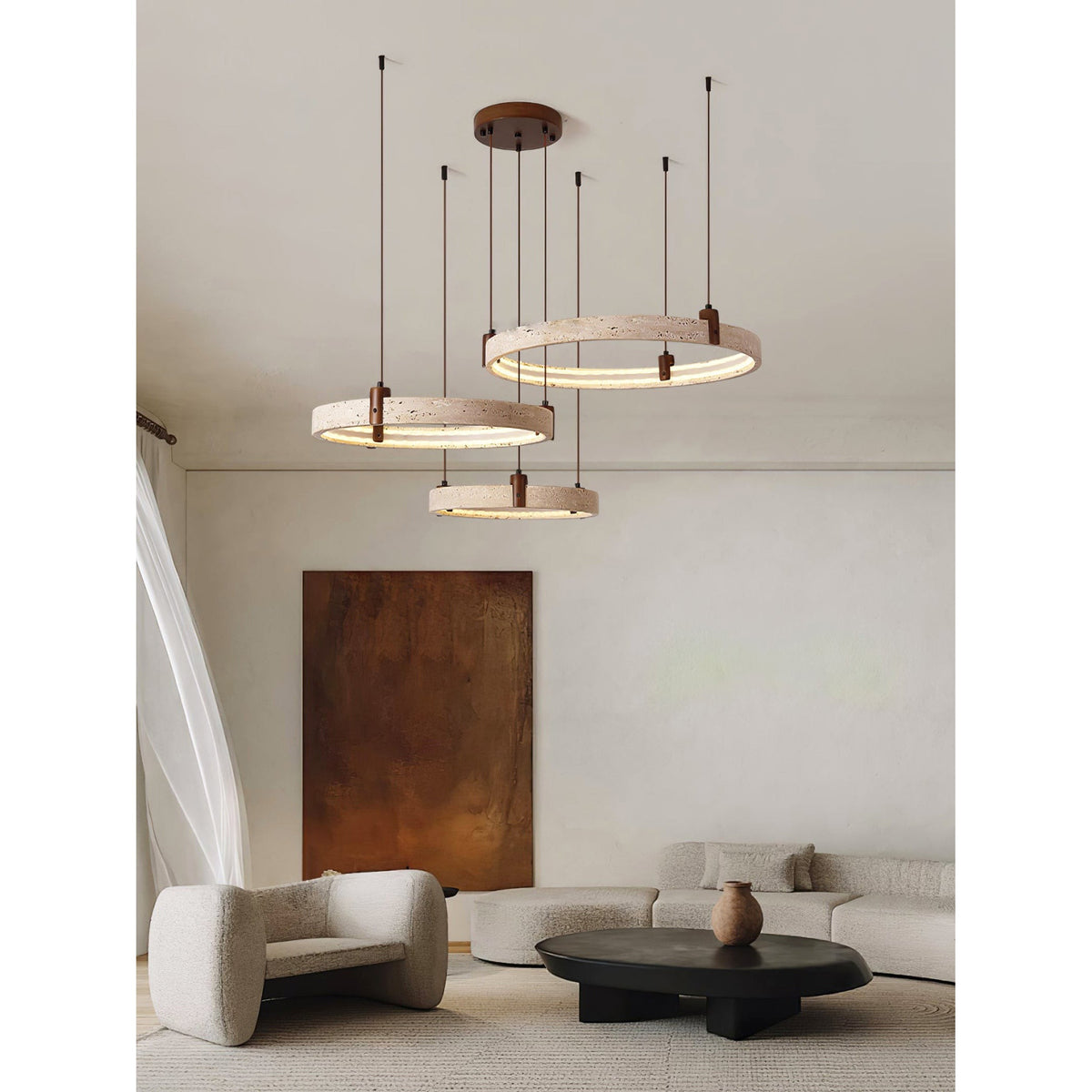 Travertin-Ring-Kronleuchter – Naturstein-Hängelampe mit Walnussholz und integrierter LED | Skandinavisches Design für Wohn- und Esszimmer | Sansoti