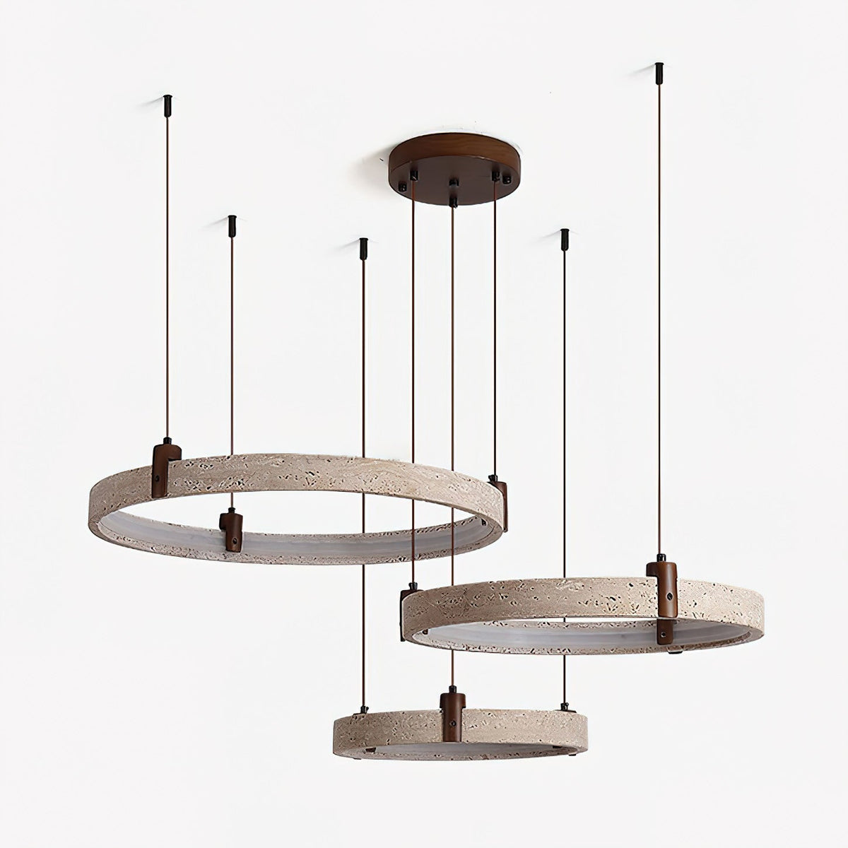 Travertin-Ring-Kronleuchter – Naturstein-Hängelampe mit Walnussholz und integrierter LED | Skandinavisches Design für Wohn- und Esszimmer | Sansoti