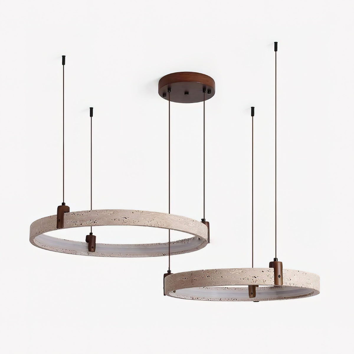 Travertin-Ring-Kronleuchter – Naturstein-Hängelampe mit Walnussholz und integrierter LED | Skandinavisches Design für Wohn- und Esszimmer | Sansoti