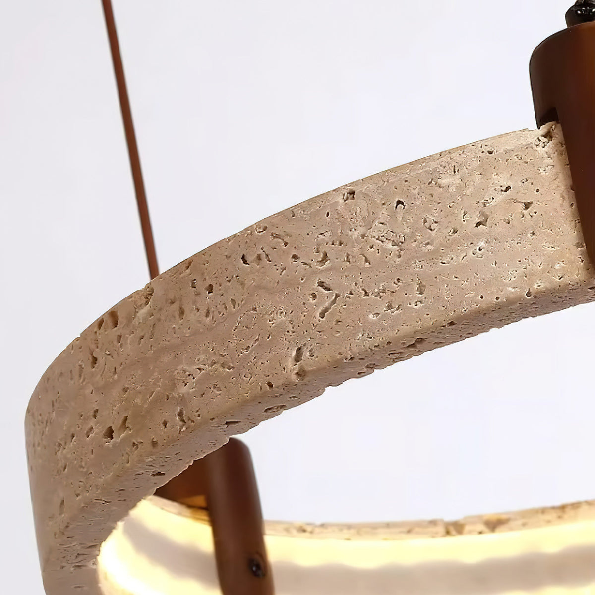 Travertin-Ring-Kronleuchter – Naturstein-Hängelampe mit Walnussholz und integrierter LED | Skandinavisches Design für Wohn- und Esszimmer | Sansoti