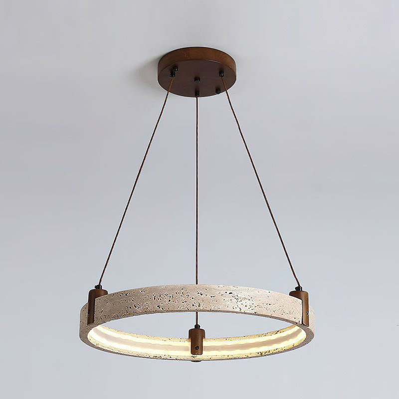 Travertin-Ring-Kronleuchter – Naturstein-Hängelampe mit Walnussholz und integrierter LED | Skandinavisches Design für Wohn- und Esszimmer | Sansoti