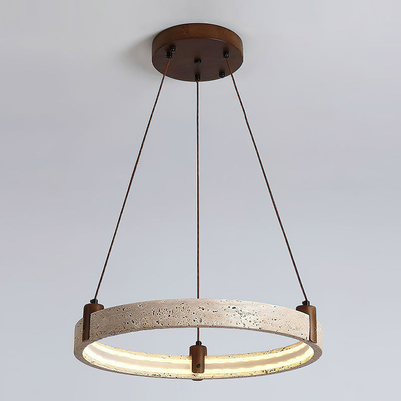 Travertin-Ring-Kronleuchter – Naturstein-Hängelampe mit Walnussholz und integrierter LED | Skandinavisches Design für Wohn- und Esszimmer | Sansoti