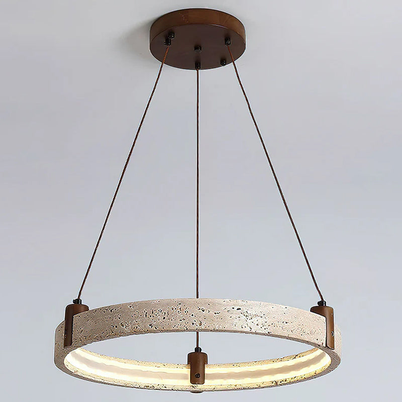 Travertin-Ring-Kronleuchter – Naturstein-Hängelampe mit Walnussholz und integrierter LED | Skandinavisches Design für Wohn- und Esszimmer | Sansoti