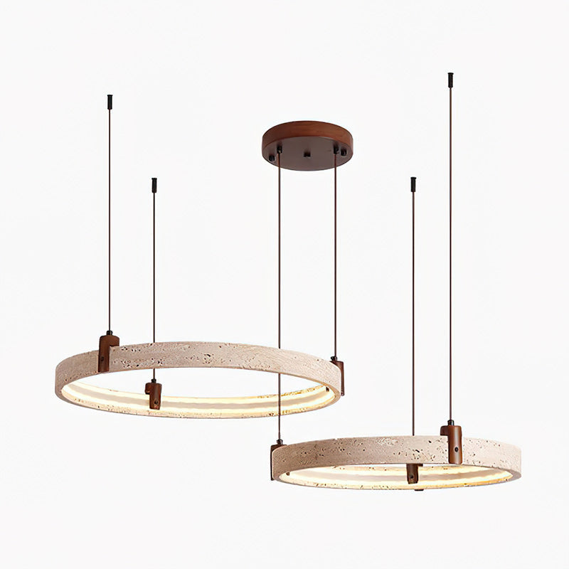 Travertin-Ring-Kronleuchter – Naturstein-Hängelampe mit Walnussholz und integrierter LED | Skandinavisches Design für Wohn- und Esszimmer | Sansoti